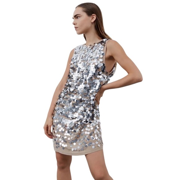 Sofie Schnoor Sequins Embellished Shift Dress Silver Tan Sleeveless size 2